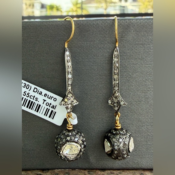 Elegant 14kt. Yellow Gold & Sterling Silver Diamond Dangle Earrings - Picture 6 of 12